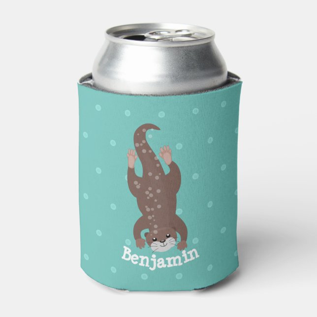 Cute otter diving on teal cartoon illustration can cooler (Can Front)