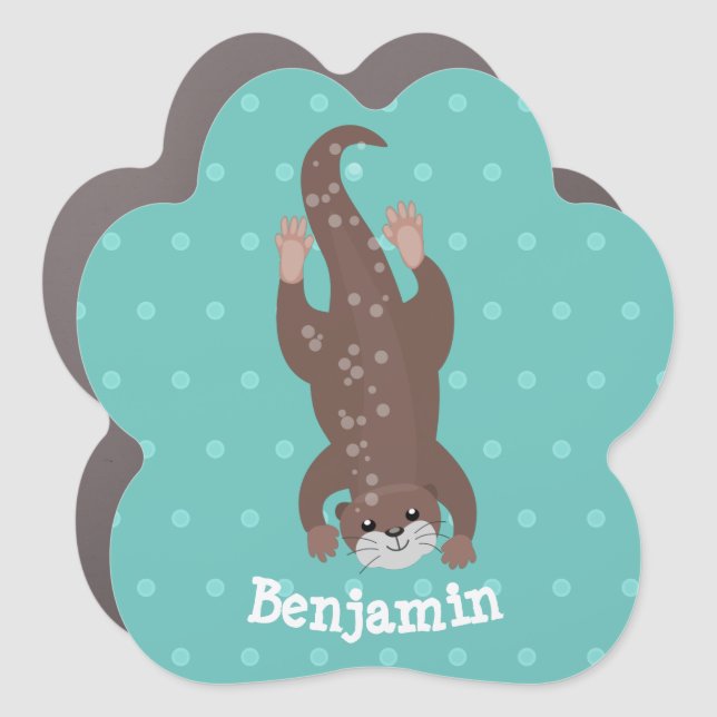Cute otter diving on teal cartoon illustration car magnet (Front)