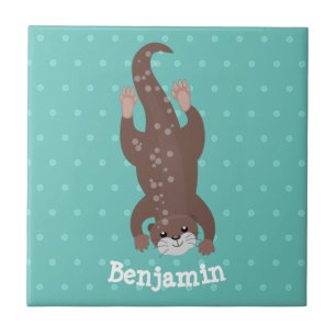 Cute otter diving on teal cartoon illustration ceramic tile