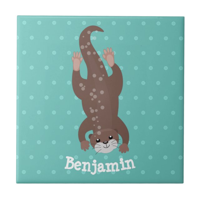 Cute otter diving on teal cartoon illustration ceramic tile (Front)