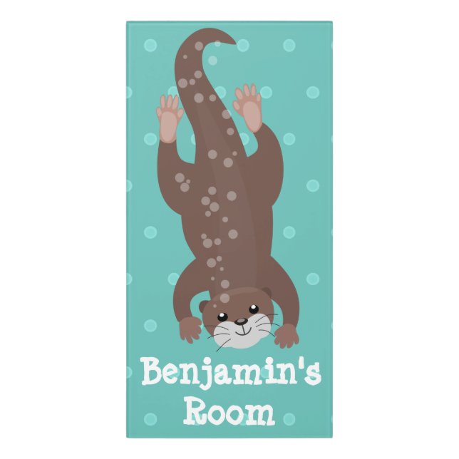 Cute otter diving on teal cartoon illustration door sign (Classic Front Vert)