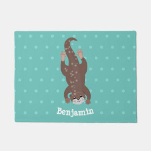 Cute otter diving on teal cartoon illustration doormat