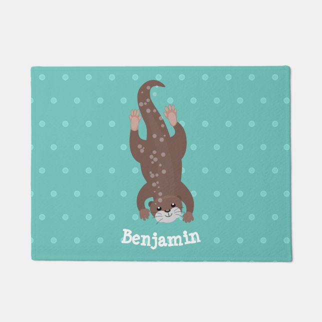 Cute otter diving on teal cartoon illustration doormat (Front)