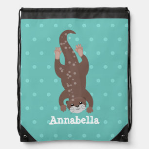 Cute otter diving on teal cartoon illustration drawstring bag