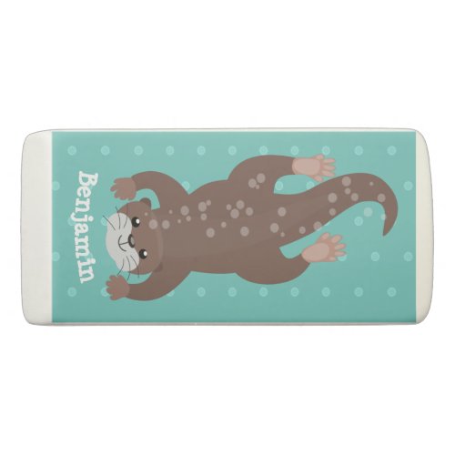 Cute otter diving on teal cartoon illustration eraser