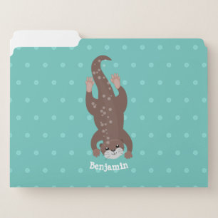 Cute otter diving on teal cartoon illustration file folder