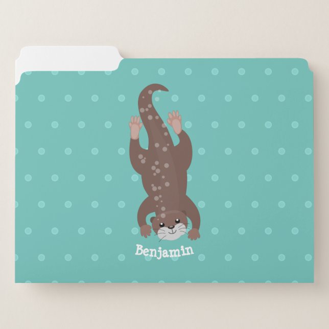 Cute otter diving on teal cartoon illustration file folder (Front Left)