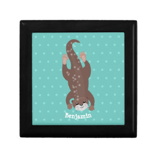 Cute otter diving on teal cartoon illustration gift box