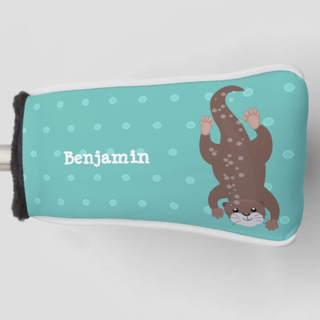 Cute otter diving on teal cartoon illustration golf head cover (Front)