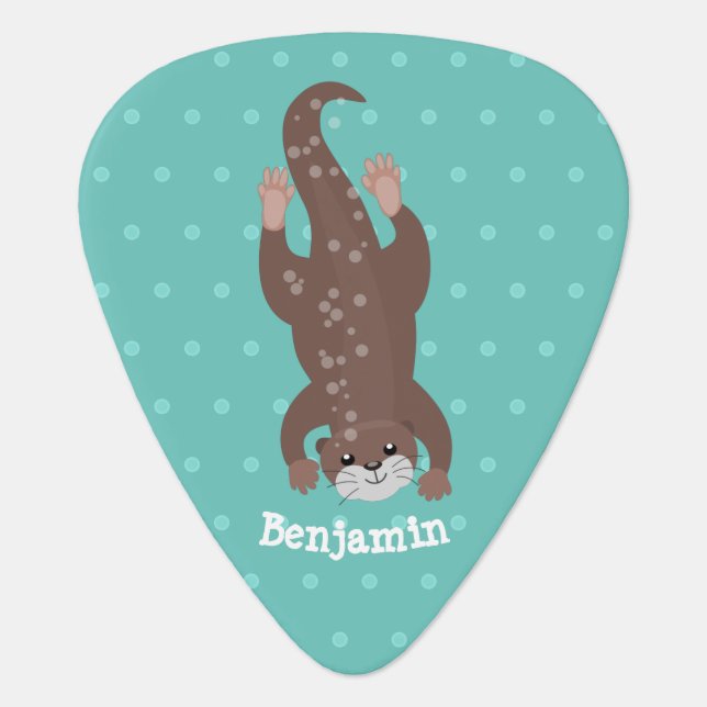 Cute otter diving on teal cartoon illustration guitar pick (Front)
