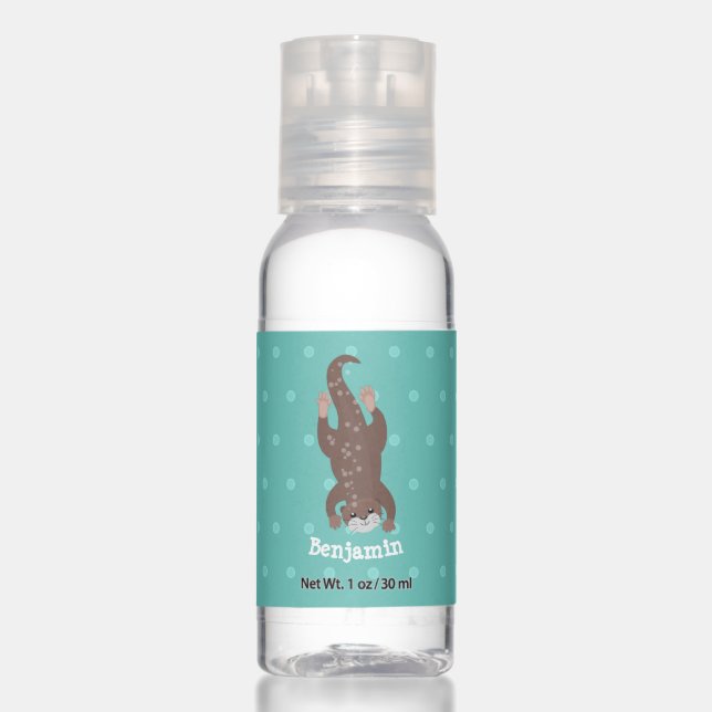 Cute otter diving on teal cartoon illustration hand sanitizer (Front)