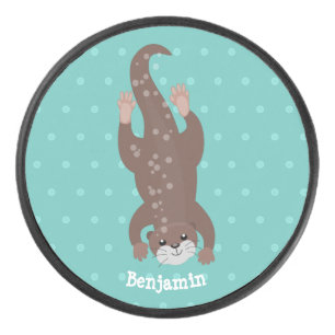Cute otter diving on teal cartoon illustration hockey puck