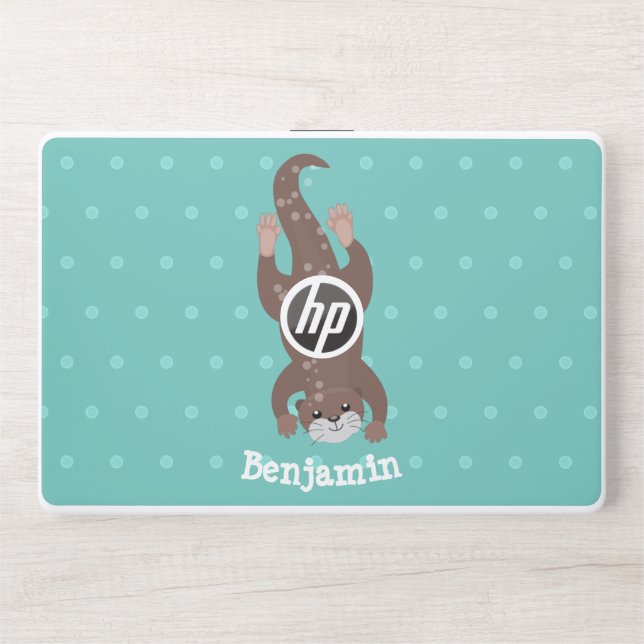 Cute otter diving on teal cartoon illustration HP laptop skin (Front)