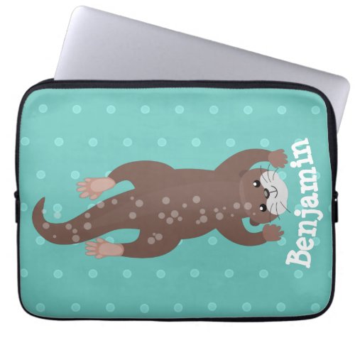 Cute otter diving on teal cartoon illustration laptop sleeve