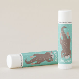 Cute otter diving on teal cartoon illustration lip balm