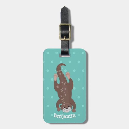 Cute otter diving on teal cartoon illustration luggage tag