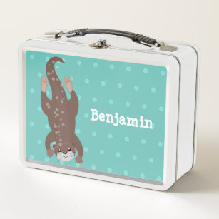 Cute otter diving on teal cartoon illustration metal lunch box
