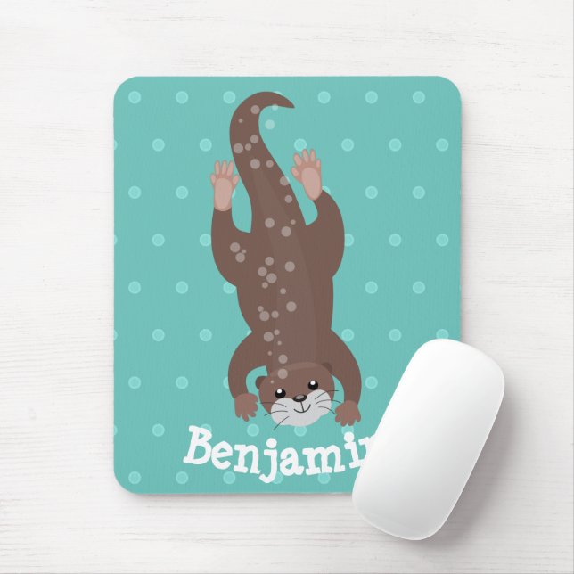 Cute otter diving on teal cartoon illustration mouse pad (With Mouse)