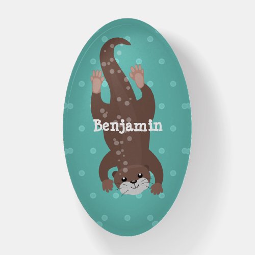 Cute otter diving on teal cartoon illustration paperweight