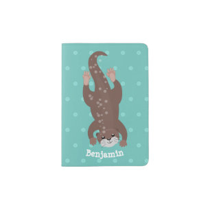 Cute otter diving on teal cartoon illustration passport holder