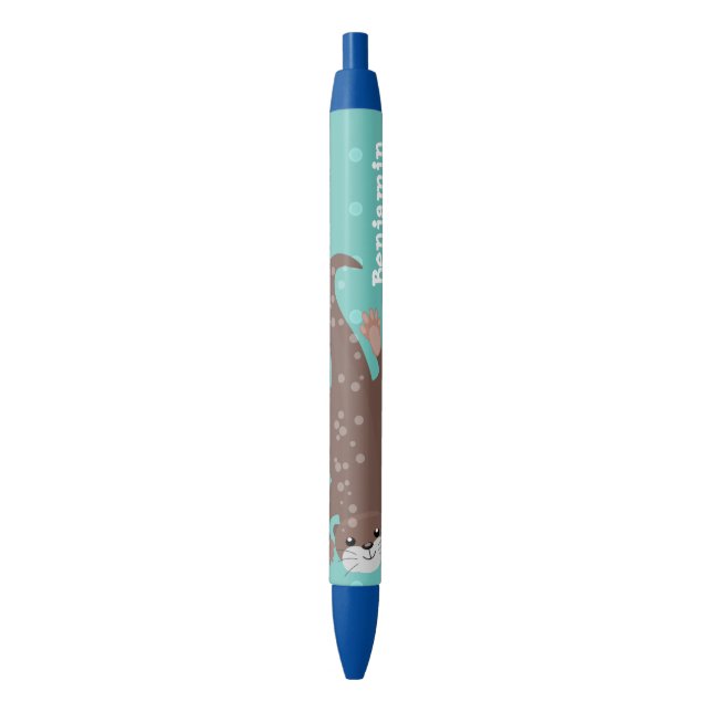 Cute otter diving on teal cartoon illustration pen (Front Vertical)