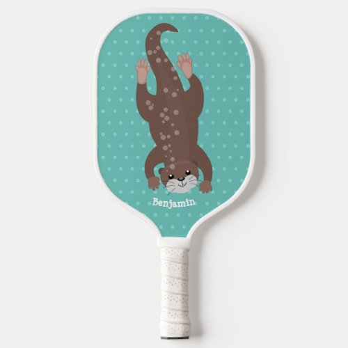 Cute otter diving on teal cartoon illustration pickleball paddle