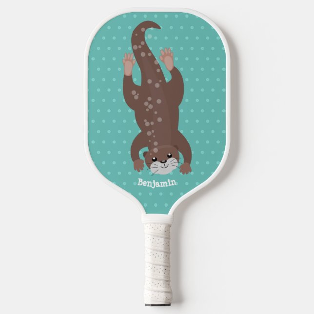 Cute otter diving on teal cartoon illustration pickleball paddle (Front)