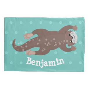 Cute otter diving on teal cartoon illustration pillow case