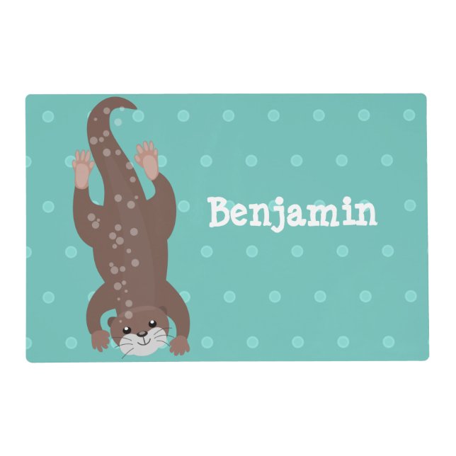 Cute otter diving on teal cartoon illustration placemat (Front)