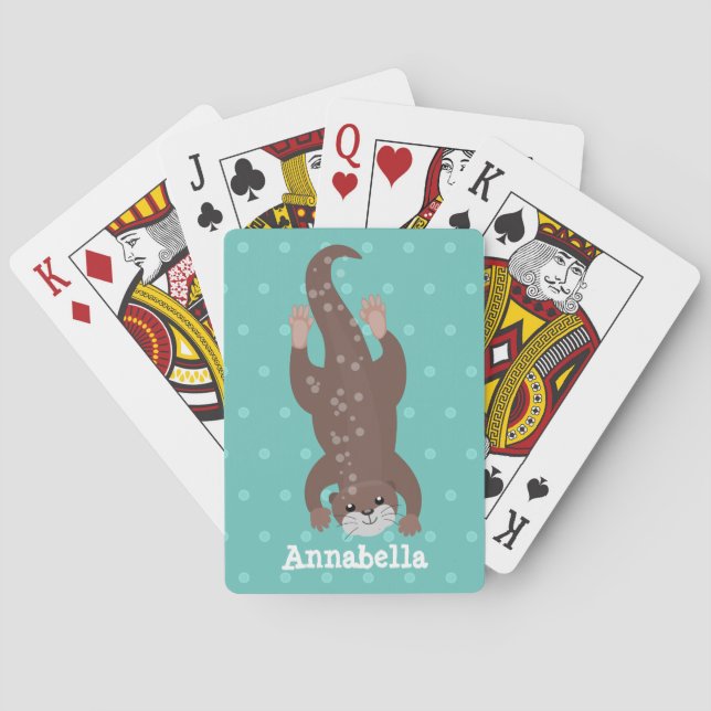 Cute otter diving on teal cartoon illustration poker cards (Back)