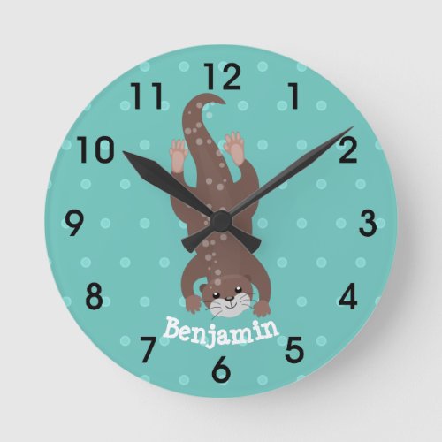 Cute otter diving on teal cartoon illustration round clock