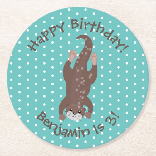 Cute otter diving on teal cartoon illustration round paper coaster