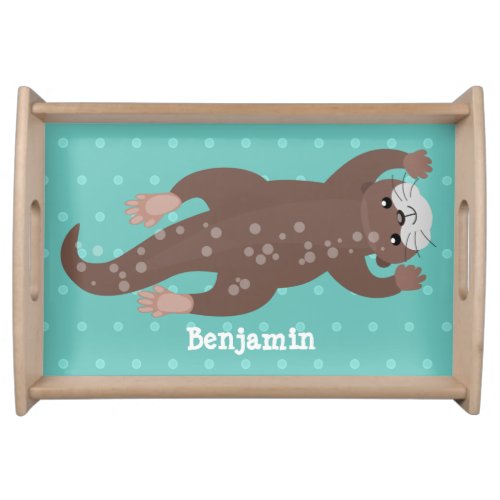 Cute otter diving on teal cartoon illustration serving tray