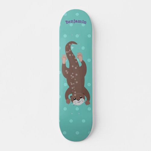 Cute otter diving on teal cartoon illustration skateboard