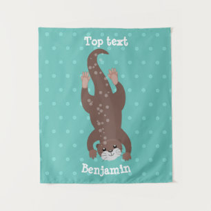 Cute otter diving on teal cartoon illustration  tapestry