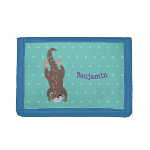 Cute otter diving on teal cartoon illustration tri-fold wallet