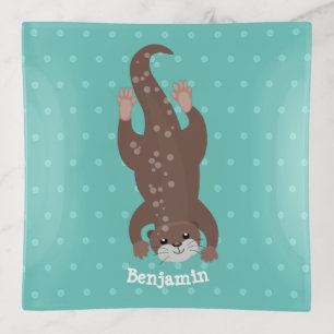 Cute otter diving on teal cartoon illustration trinket tray