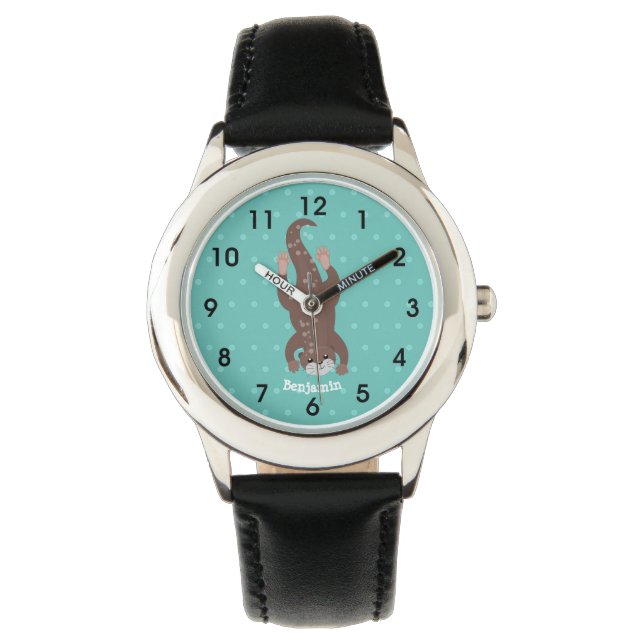 Cute otter diving on teal cartoon illustration watch (Front)