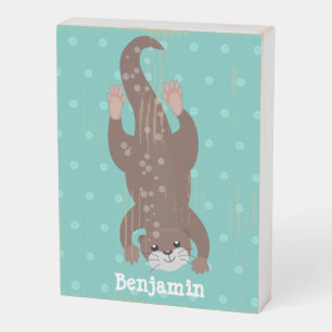 Cute otter diving on teal cartoon illustration wooden box sign
