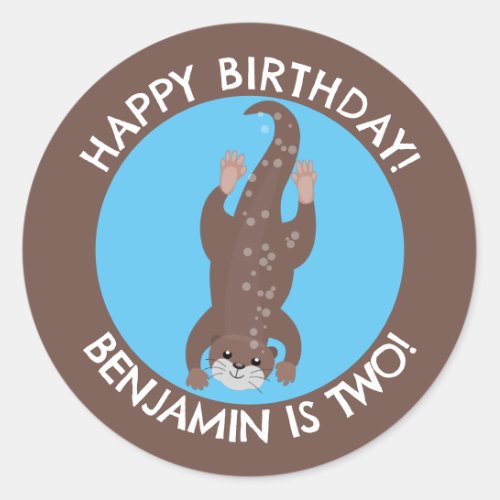 Cute otter diving personalized cartoon birthday classic round sticker