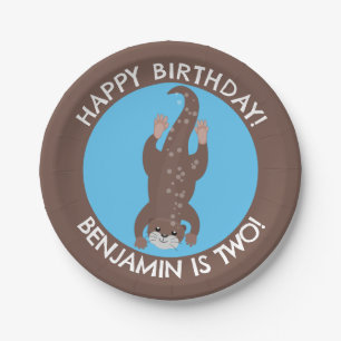 Cute otter diving personalized cartoon birthday paper plates
