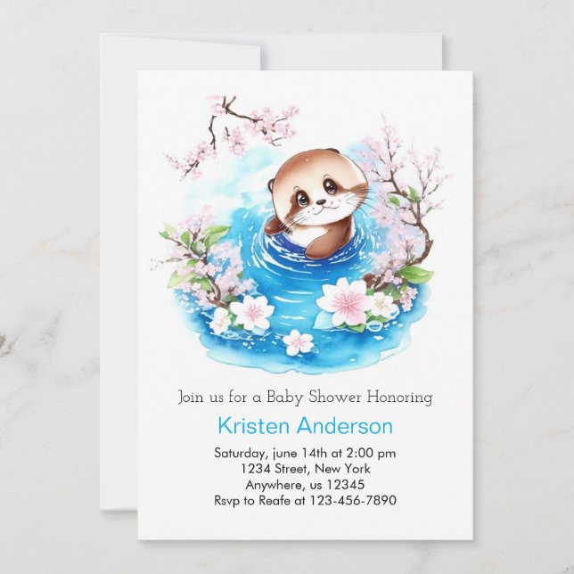 Cute Otter Enchanted Blue Floral Boy Baby Shower Invitation (Front)
