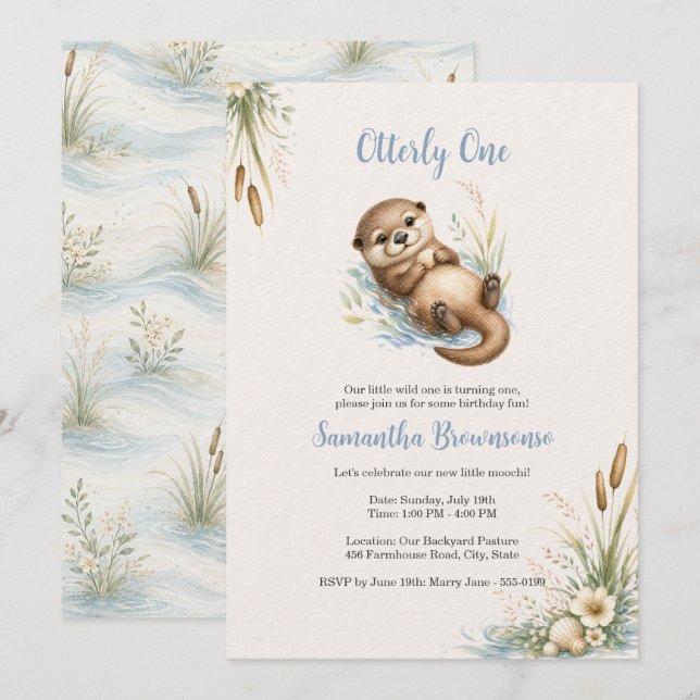 Cute Otter First Birthday Invitation (Front/Back)