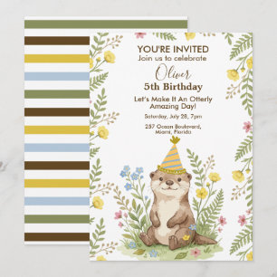 Cute Otter Floral Woodland Personalized Birthday Invitation