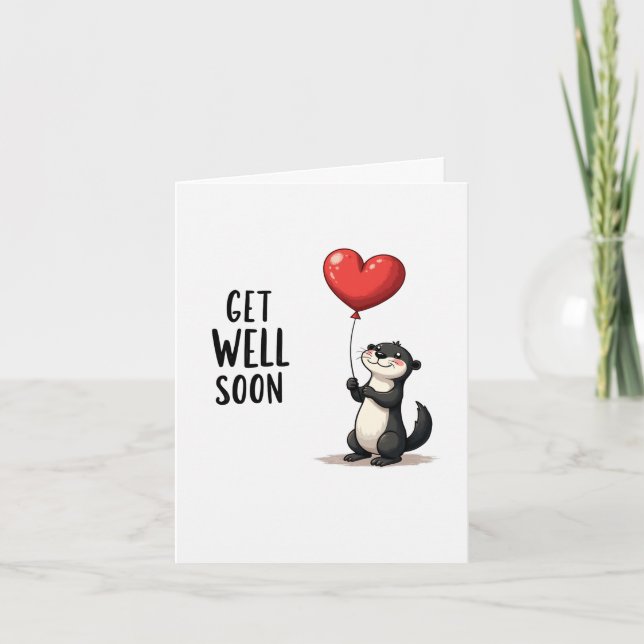 Cute Otter Get Well Soon Card with Heart Balloon (Front)