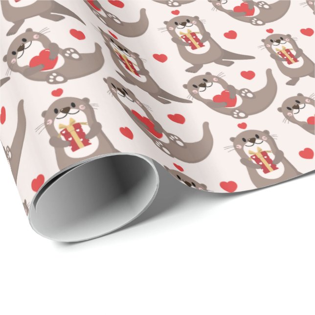 Cute Otter Gift Red Heart Kids Birthday Wrapping Paper (Roll Corner)