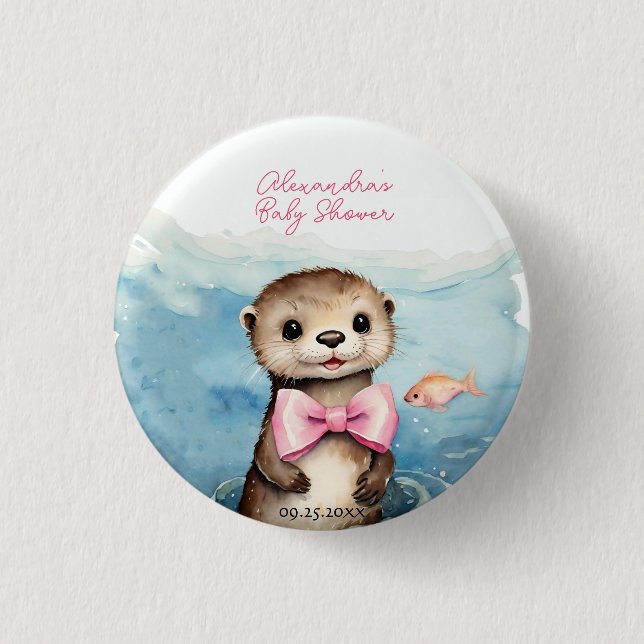 Cute Otter Girl Baby Shower Button (Front)