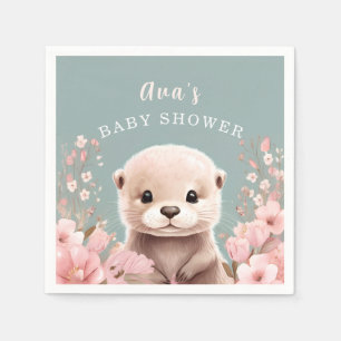 Cute Otter Girl Baby Shower Sage & Pink Floral Napkins
