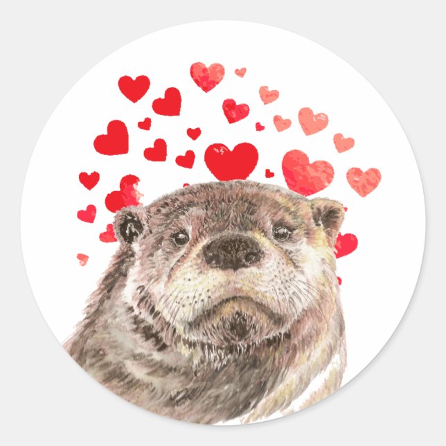 Cute Otter Hearts Sending All My Love Classic Round Sticker (Front)
