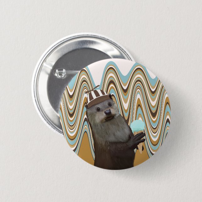 Cute Otter Holding Ice-cream On Swirl Background Button (Front & Back)